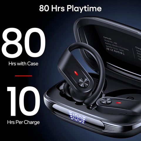 Bluetooth 5.4 Headphones Wireless Earbuds 80Hrs Playtime IPX7 Waterproof Digital Display Sport Ear Buds with Earhook Mic in-Ear Earphones Stereo Sound Earbud for Workout Running Exercise Gym