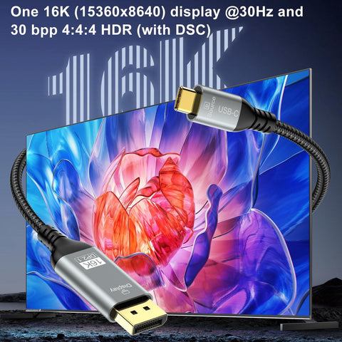 USB C to DisplayPort 2.1 Cable 16K@30Hz 8K@120Hz 4K@240Hz, Type C to DP Cable 40Gbps, Compatible With MacBook Pro M4/iPhone /Dell XPS/Surface/Gaming Monitor 3.3FT 6.6FT 10FT