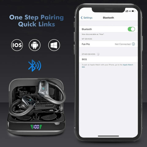 Wireless Earbuds Bluetooth Headphones 80hrs Playback Ear Buds IPX7 Waterproof Power Display Noise Canceling Mic Over-Ear Stereo Bass Earphones with Earhooks for Sports/Workout/Running