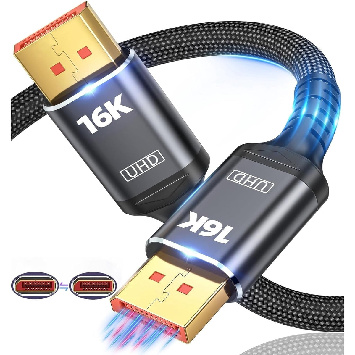 80Gbps Displayport Cable 2.1 16K@60Hz, 8K@120Hz, 4K@240Hz, DP 2.1 Cable 16K Braided Cord, Compatible with HDR10 DSC 1.2a, G-Sync FreeSync Gaming PC, Gaming Monitor 5090, AMD 7900XTX