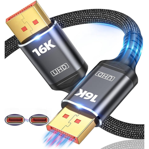 80Gbps Displayport Cable 2.1 16K@60Hz, 8K@120Hz, 4K@240Hz, DP 2.1 Cable 16K Braided Cord, Compatible with HDR10 DSC 1.2a, G-Sync FreeSync Gaming PC, Gaming Monitor 5090, AMD 7900XTX