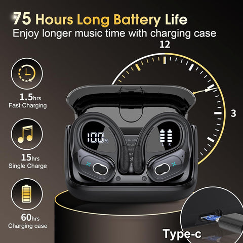 Wireless Earbuds 75hrs Bluetooth 5.4 Headphone Sport, 2026 Bluetooth Earbuds Stereo Deep Bass Over Ear Bud with Earhooks, ENC Noise Cancelling Mic IPX7 Waterproof Earphone for Gym/Running/Workout
