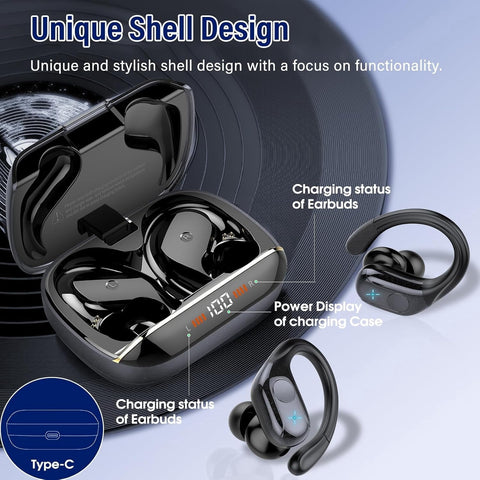 Wireless Earbuds Bluetooth 5.4 Headphones 75H Playtime Stereo Deep Bass Sports Ear Buds with Earhooks, LED Display Bluetooth Earbuds with 4 ENC Mic IP7 Waterproof Earphone for Workout/Running