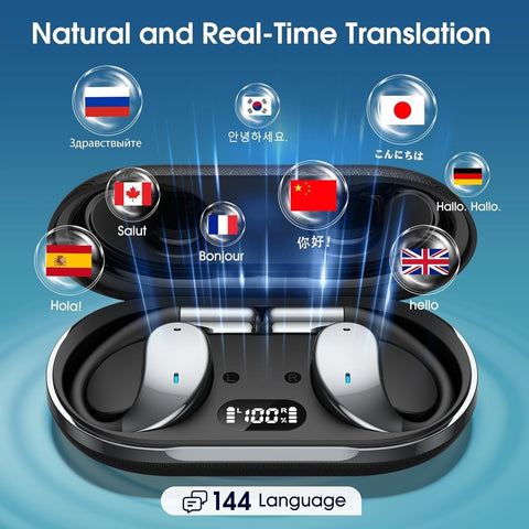 Translation Earbuds Real Time, 6 in 1 AI Translator Earbuds with 144 Languages & Accents, Support 8 Offline, Voice or Video Call, Wireless OWS Translating Earbuds for Travel Business Learning