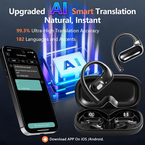 AI Translation Earbuds Real Time,182 Language Translator Earbuds,5-in-1 Open Ear Translator Device,Audifonos Traductores Inglés Español,Translating Headphones for Travel Learning with Charging Case