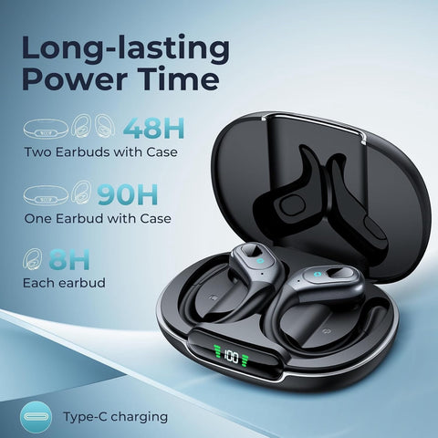 Active Noise Cancelling Earbuds Wireless Bluetooth 5.4 Headphones Ear Buds 90Hrs Playback Stereo Bass Earphones with Mic Over-Ear Hooks Headphones IPX7 Waterproof Headset for Work Sports Running Gym