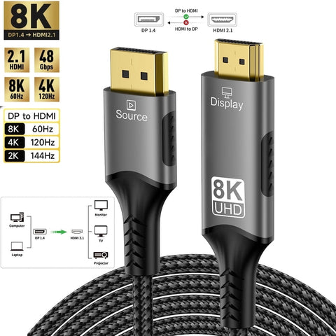3FT/6FT/10FT DisplayPort to HDMI-Compatible Cable DP1.4 to HDMI 2.1 Converter 8K@60Hz 4K@120Hz HDR For Desktop Laptop PC TV Monitor Projector