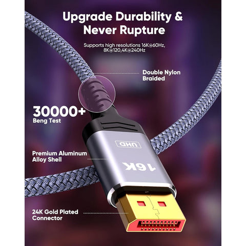 Displayport Cable 2.1, 16K DP 2.0 Cable [16K@60Hz, 8K@120Hz, 4K@240Hz 165Hz 144Hz] Support 54Gbps,Compatible With HDCP DSC 1.2a, HDR10 FreeSync G-Sync,3090 Graphics PC 3.3FT/6.6FT/10FT/16FT