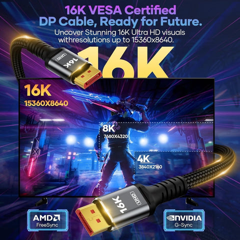 80Gbps Displayport Cable 2.1 16K@60Hz, 8K@120Hz, 4K@240Hz, DP 2.1 Cable 16K Braided Cord, Compatible with HDR10 DSC 1.2a, G-Sync FreeSync Gaming PC, Gaming Monitor 5090, AMD 7900XTX