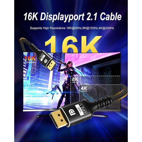 16K DisplayPort Cable 2.1 DP 2.1 Cable [16K@60Hz,8K@120Hz,4K@240Hz] Support 80Gbps, HDR10, DSC1.2a, G-Sync, FreeSync, Braided Display Port Cord Compatible with Gaming Monitor, TV, Graphics