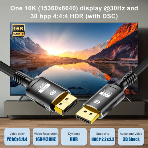 16K DP 2.1 8K@120Hz 4K@240Hz 80Gbps 1080P HDR Video Audio Displayport Cable Display Port for Laptop TV Xbox Projector Gaming Monitor