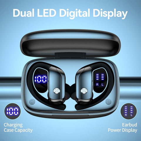 Ear Buds Wireless Earbuds Bluetooth Headphones with 80H Playtime LED Display Case, Over-Ear Hook with Mic, Stereo Sound, Easy Button Controls, Sports Earphones for Running Workout Gym
