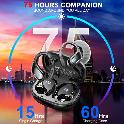 Wireless Earbud 75Hrs Bluetooth 5.3 Headphones IP7 Waterproof for Sport Running Wireless Earphones with ENC Noise Cancelling Mics Deep Bass Over Ear bud with Earhooks for Android iOS Workout Gym