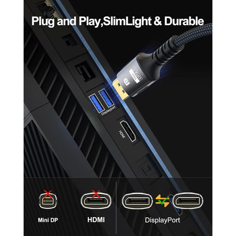 16K DisplayPort Cable 2.1 DP 2.1 Cable [16K@60Hz,8K@120Hz,4K@240Hz] Support 80Gbps, HDR10, DSC1.2a, G-Sync, FreeSync, Braided Display Port Cord Compatible with Gaming Monitor, TV, Graphics