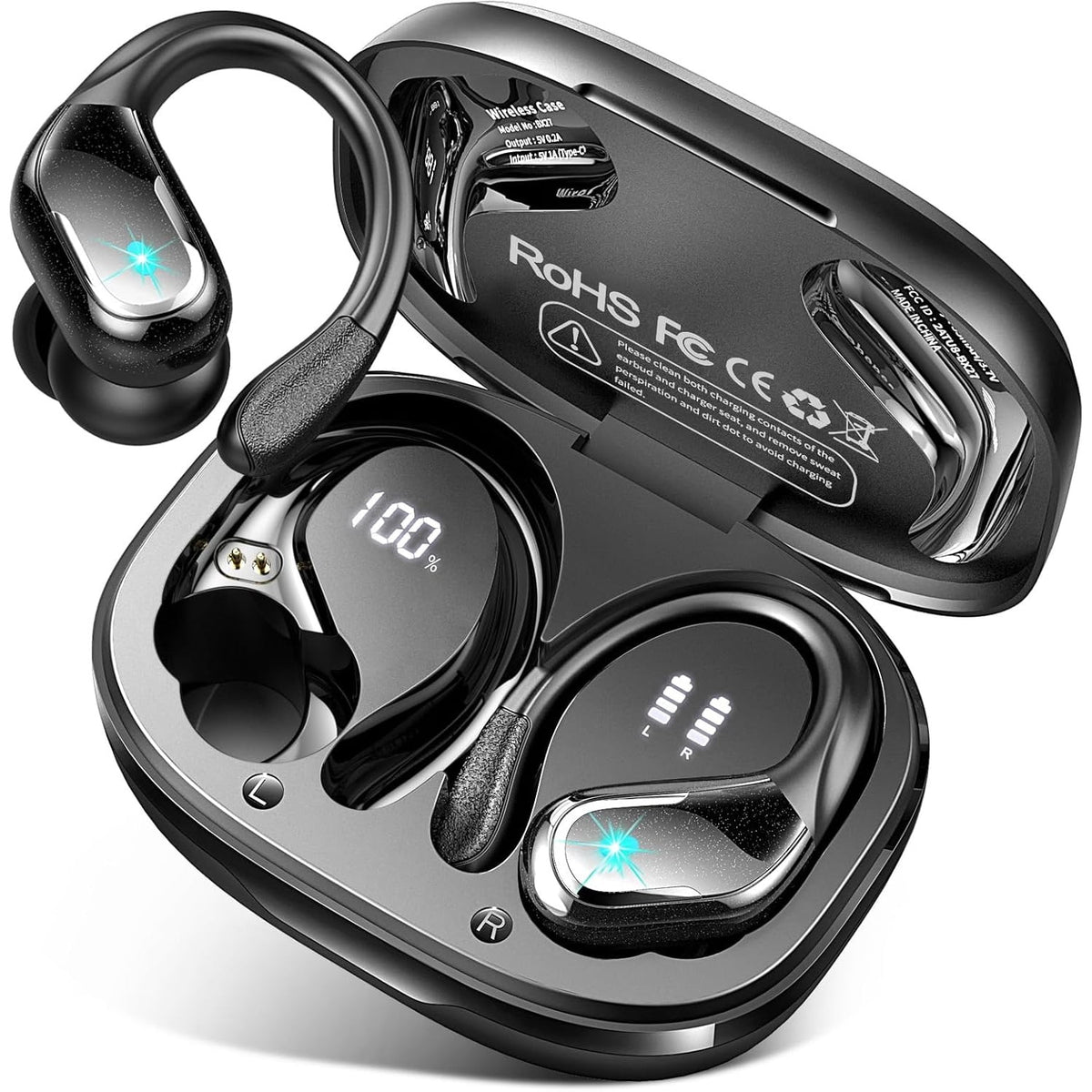 Wireless Earbud 75Hrs Bluetooth 5.3 Headphones IP7 Waterproof for Sport Running Wireless Earphones with ENC Noise Cancelling Mics Deep Bass Over Ear bud with Earhooks for Android iOS Workout Gym