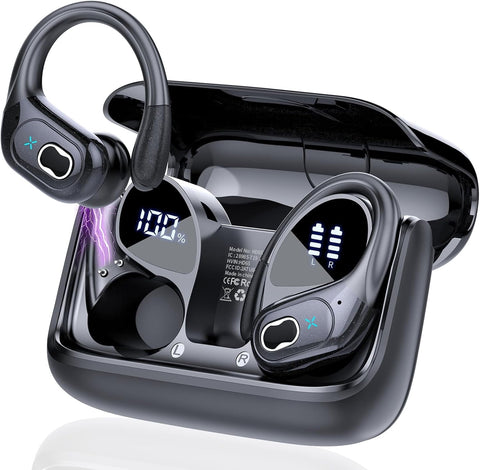 Wireless Earbuds 75hrs Bluetooth 5.4 Headphone Sport, 2026 Bluetooth Earbuds Stereo Deep Bass Over Ear Bud with Earhooks, ENC Noise Cancelling Mic IPX7 Waterproof Earphone for Gym/Running/Workout