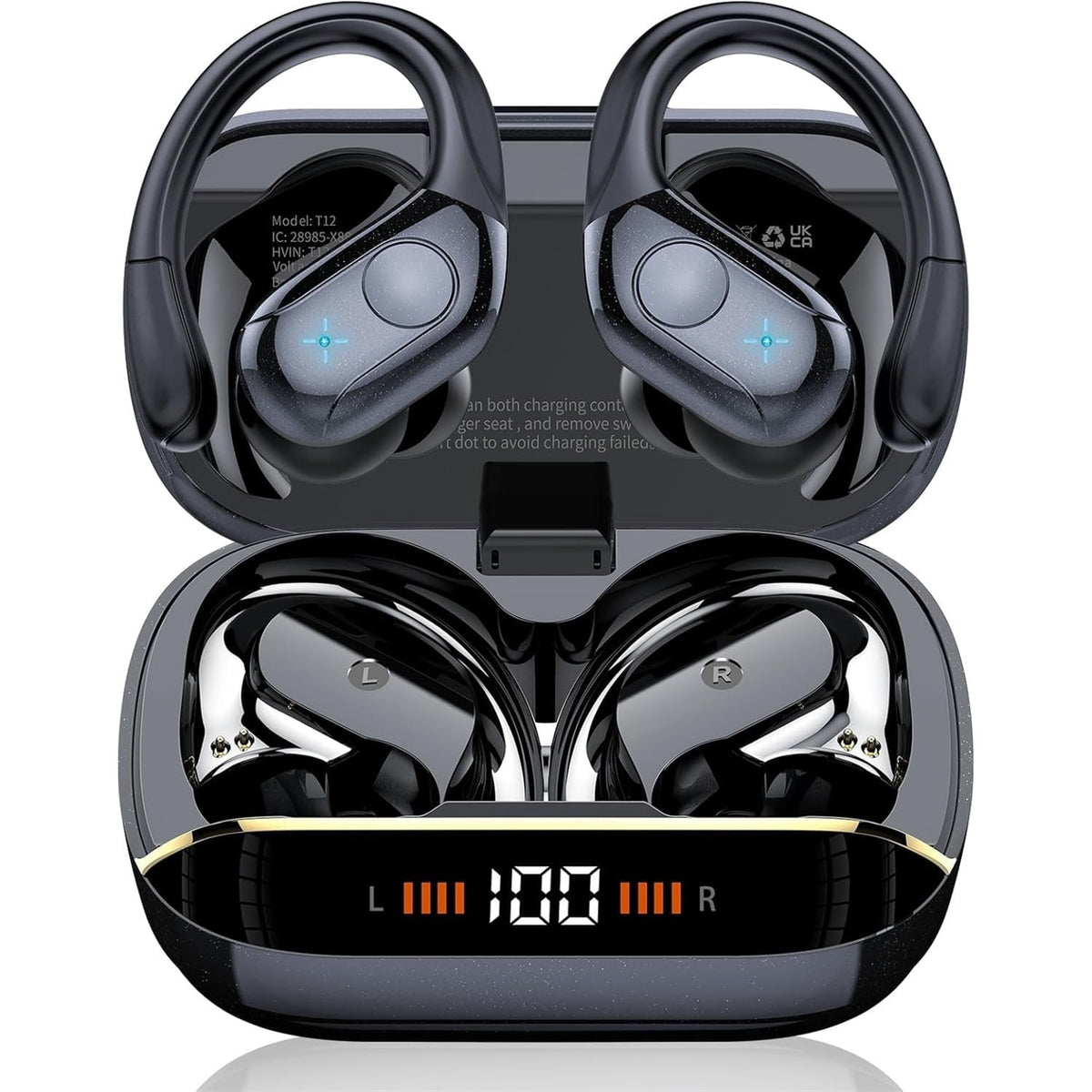 Wireless Earbuds Bluetooth 5.4 Headphones 75H Playtime Stereo Deep Bass Sports Ear Buds with Earhooks, LED Display Bluetooth Earbuds with 4 ENC Mic IP7 Waterproof Earphone for Workout/Running