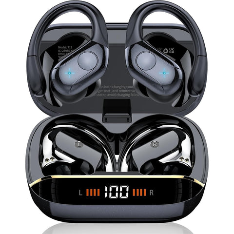 Wireless Earbuds Bluetooth 5.4 Headphones 75H Playtime Stereo Deep Bass Sports Ear Buds with Earhooks, LED Display Bluetooth Earbuds with 4 ENC Mic IP7 Waterproof Earphone for Workout/Running