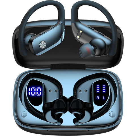 Ear Buds Wireless Earbuds Bluetooth Headphones with 80H Playtime LED Display Case, Over-Ear Hook with Mic, Stereo Sound, Easy Button Controls, Sports Earphones for Running Workout Gym