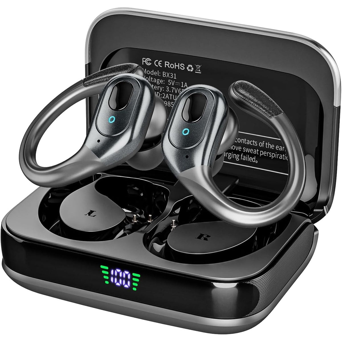 Wireless Earbuds Bluetooth Headphones 80hrs Playback Ear Buds IPX7 Waterproof Power Display Noise Canceling Mic Over-Ear Stereo Bass Earphones with Earhooks for Sports/Workout/Running