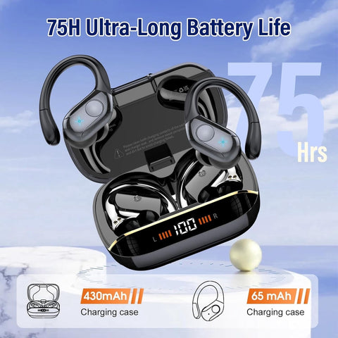 Wireless Earbuds Bluetooth 5.4 Headphones 75H Playtime Stereo Deep Bass Sports Ear Buds with Earhooks, LED Display Bluetooth Earbuds with 4 ENC Mic IP7 Waterproof Earphone for Workout/Running