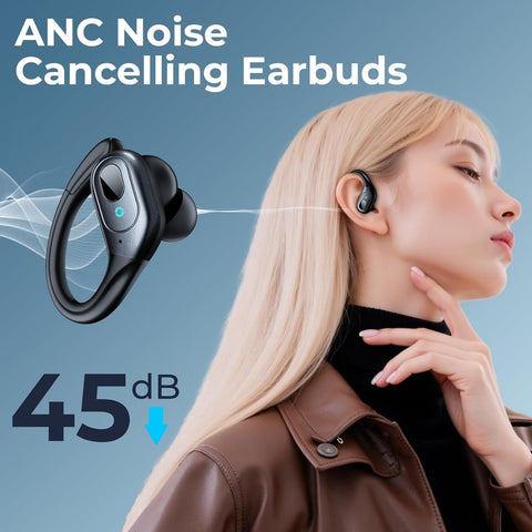 Active Noise Cancelling Earbuds Wireless Bluetooth 5.4 Headphones Ear Buds 90Hrs Playback Stereo Bass Earphones with Mic Over-Ear Hooks Headphones IPX7 Waterproof Headset for Work Sports Running Gym