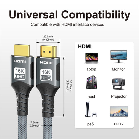 16K HDMI 2.2 Cable 96Gbps 8K@120Hz 4K@240Hz 2K@360Hz Supports HDMI 2.1  eARC HDR10+ for PS5/PS6 Laptop Gaming/Home Theater 3.3FT/6.6FT/10FT