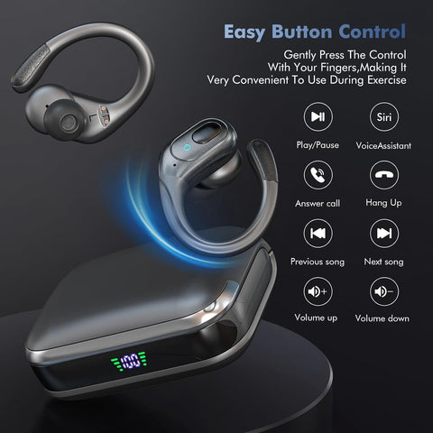 Wireless Earbuds Bluetooth Headphones 80hrs Playback Ear Buds IPX7 Waterproof Power Display Noise Canceling Mic Over-Ear Stereo Bass Earphones with Earhooks for Sports/Workout/Running