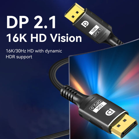 16K DP 2.1 8K@120Hz 4K@240Hz 80Gbps 1080P HDR Video Audio Displayport Cable Display Port for Laptop TV Xbox Projector Gaming Monitor