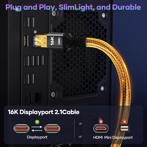 80Gbps Displayport Cable 2.1 16K@60Hz, 8K@120Hz, 4K@240Hz, DP 2.1 Cable 16K Braided Cord, Compatible with HDR10 DSC 1.2a, G-Sync FreeSync Gaming PC, Gaming Monitor 5090, AMD 7900XTX