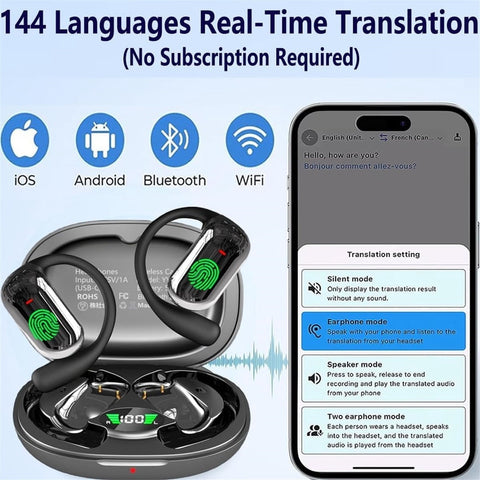 Ai Translation Earbuds Real Time Translator Headphones Audifonos Traductores Inglés Español, Open Ear Translating Wireless Earphones Perfect for Travel Business & Language Learning