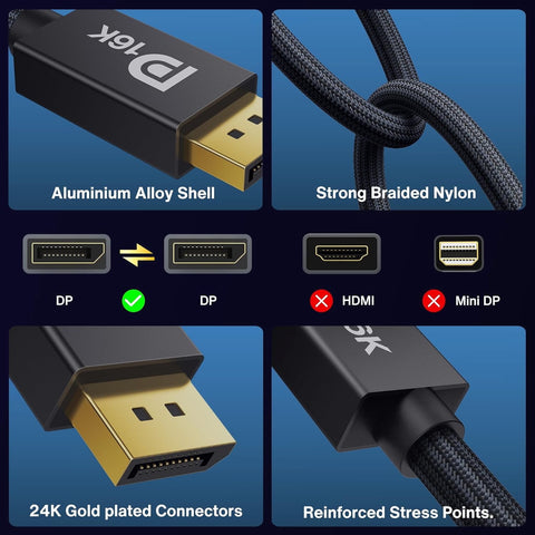 80Gbps Displayport Cable 2.1, 16K DP Cord [16K@60Hz,8K@120Hz,4K@240Hz], Display Port 2.1 Cable Support HDR10, HDCP, DSC 1.2a Compatible With 4090,7900Graphics/PC/TV/Gaming Monitor