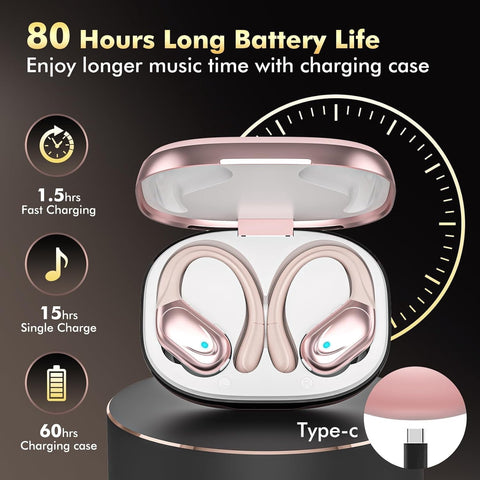 Bluetooth 5.4 Sports Headphones 80Hrs Playtime Wireless Earbuds with LED Power Display IPX7 Waterproof Earphones for Workout/Running Noise Canceling Headset Ear Buds