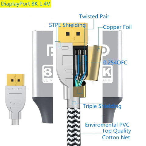 8K 60Hz 4K 144Hz DisplayPort Cable DP 1.4 Display Port Displayport Cable Compatible With PC Laptops TV Projector Audio Video Cables