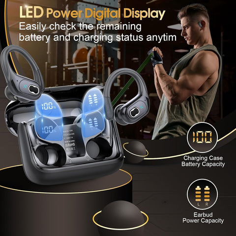 Wireless Earbuds 75hrs Bluetooth 5.4 Headphone Sport, 2026 Bluetooth Earbuds Stereo Deep Bass Over Ear Bud with Earhooks, ENC Noise Cancelling Mic IPX7 Waterproof Earphone for Gym/Running/Workout